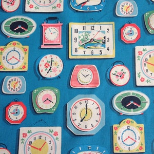 Cath Kidston, Clocks Blue, tessuto 100% cotone Duck al metro