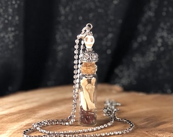 Hoodoo Glam Witch Amulet Spell Bottle Necklace with Eclipse Charged Crystals and Forest Found Bones and Teeth