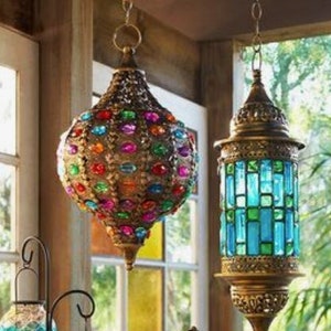 Pier 1 Colorful Gems Caravan Brass Multicolor Gemstone Hanging Candle Lantern Bohemian Turkish Morrocan Boho Style Etsy