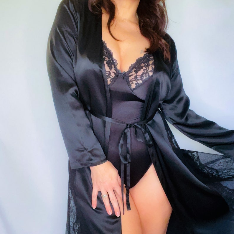 Vintage 90s Victoria's Secret Black 100% Silk & Lace Maxi Robe Luxury Boudoir image 2