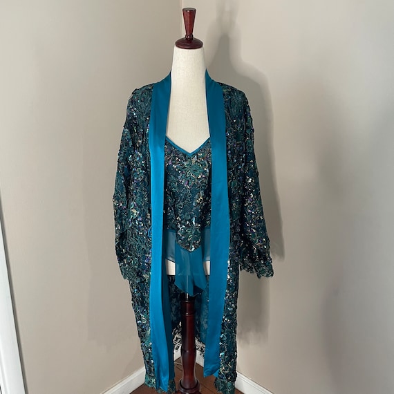 Vintage Victoria’s Secret Teal Silk Chiffon Sequi… - image 4