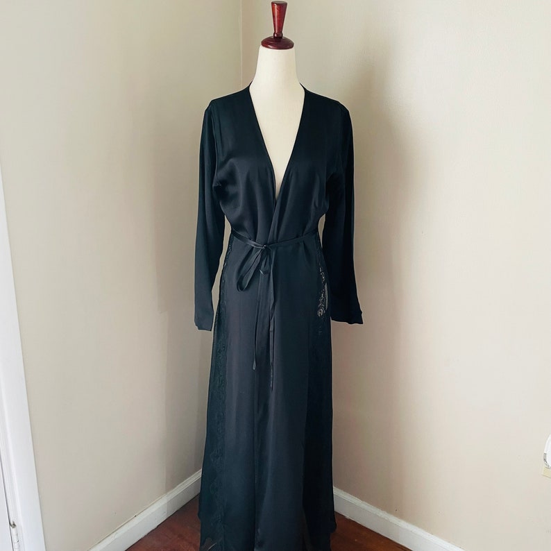 Vintage 90s Victoria's Secret Black 100% Silk & Lace Maxi Robe Luxury Boudoir image 4