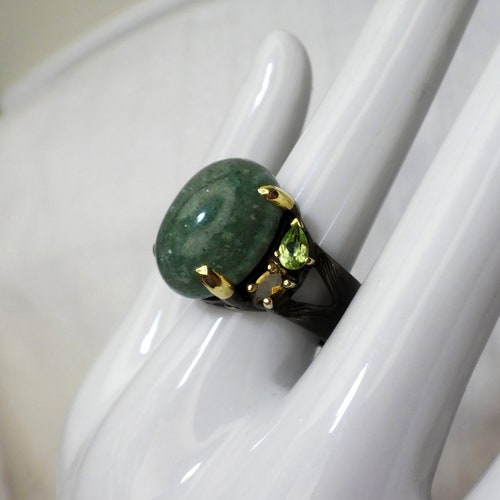Aventurine Sterling Silver Ring, shops Black Rhodium/Gold plated, Size 8