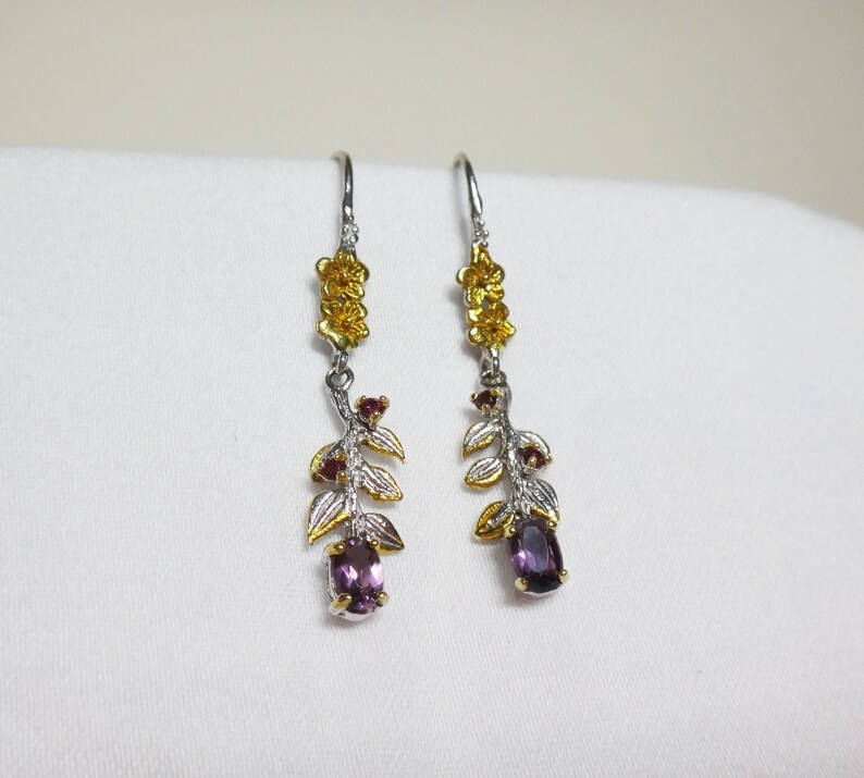 Amethyst Sterling Silver Flower Earrings White Gold and Yellow Gold plated