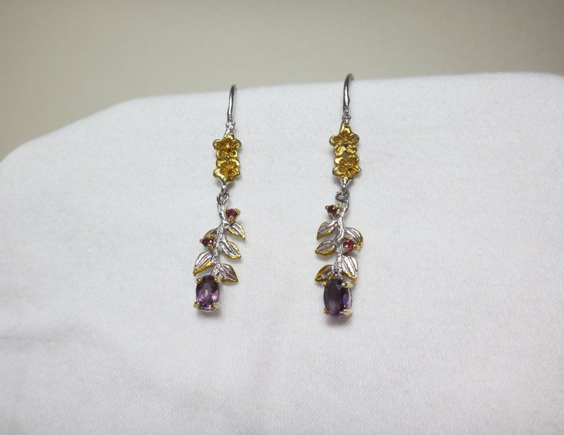 Amethyst Sterling Silver Flower Earrings White Gold and Yellow Gold plated