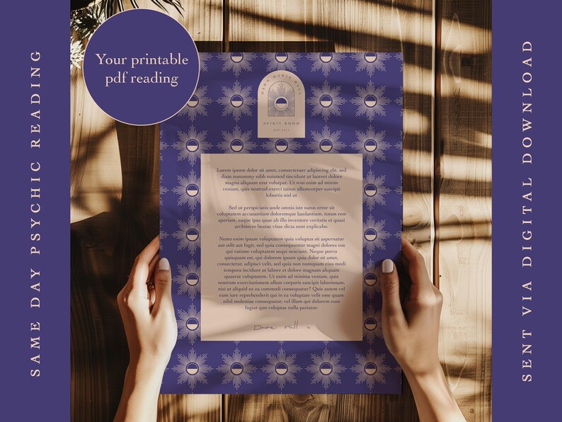 Puede incluir: Una lectura de tarot PDF imprimible con un patr&oacute;n geom&eacute;trico morado y blanco. El texto "Your printable PDF reading" est&aacute; en la parte superior de la p&aacute;gina. El texto "SENT VIA DIGITAL DOWNLOAD" est&aacute; en el lado derecho de la p&aacute;gina.