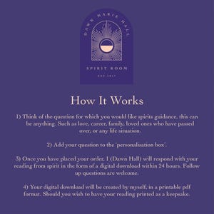 Puede incluir: Fondo morado con un logotipo blanco y rosa que dice "Dawn Marie Hall Spirit Room Est. 2017". El texto "C&oacute;mo funciona" est&aacute; en blanco y debajo hay cuatro pasos para pedir una lectura ps&iacute;quica. El texto "Lectura ps&iacute;quica el mismo d&iacute;a" est&aacute; en el lado izquierdo de la imagen y "Enviado por descarga digital" est&aacute; en el lado derecho de la imagen.