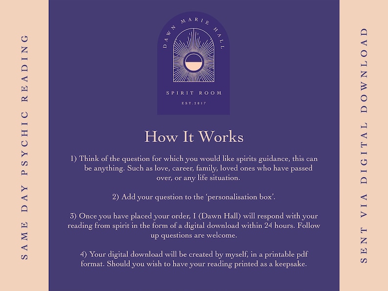 Puede incluir: Fondo morado con un logotipo blanco y rosa que dice "Dawn Marie Hall Spirit Room Est. 2017". El texto "C&oacute;mo funciona" est&aacute; en blanco y debajo hay cuatro pasos para pedir una lectura ps&iacute;quica. El texto "Lectura ps&iacute;quica el mismo d&iacute;a" est&aacute; en el lado izquierdo de la imagen y "Enviado por descarga digital" est&aacute; en el lado derecho de la imagen.