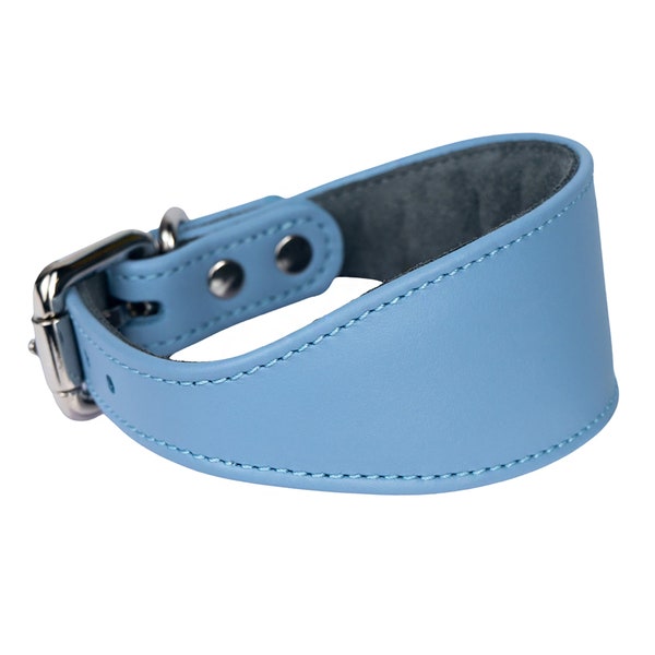 Wide Leather Dog Collar Blue for Sighthound, Lurcher, Soft Leather Dog Collars for Boy, Luxury Collars for Greyhound Dogs, Wide Dog Collar