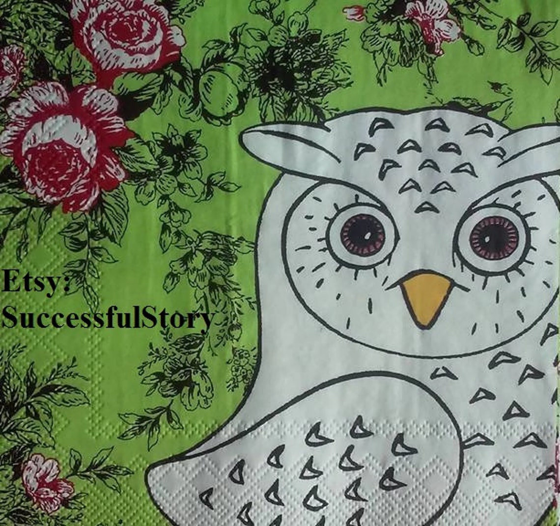 4 Owl Decoupage Napkins White Owl Paper Napkins for Decoupage Etsy