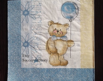 5 TEDDY BEAR Decoupage Napkins Serviette Blue Bear Party Napkins Blue White Paper Napkins for Decoupage Paper Serviette Happy Birthday Napki