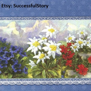 7 BLUMEN, PAPIER-SERVIETTEN Für Decoupage, Bergblumen, Decoupage-Servietten, Blau-Rote Servietten, Blumen im Berg, 2 Verschiedene Motive