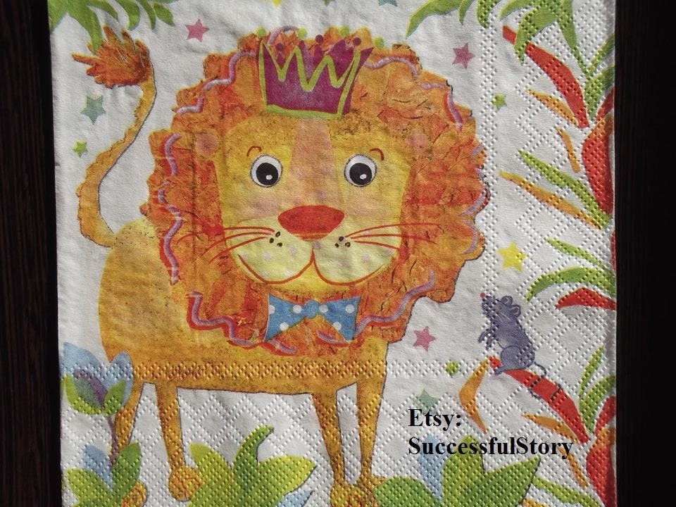 5 Lion Paper Napkins For Decoupage Orange Paper Serviette Etsy