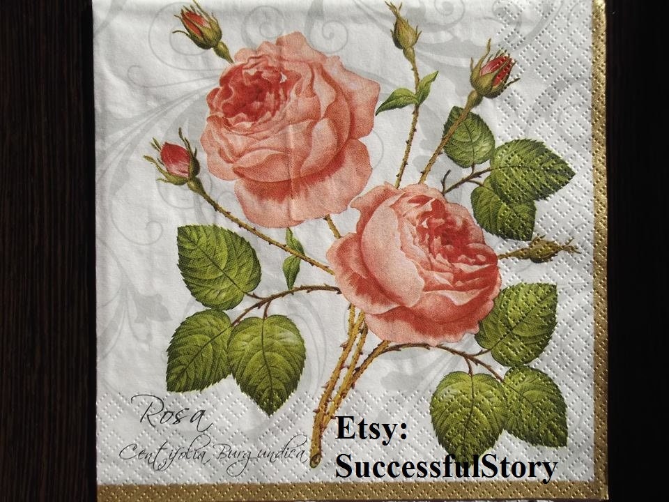 4 Vintage Roses Decoupage Napkins Floral Paper Napkins For Etsy
