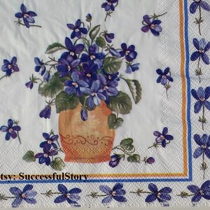 5 VIOLETS SERWETKI DECOUPAGE, Vintage Violets Serwetki papierowe do decoupage, Serwetka papierowa z motywem kwiatowym, Kwiaty w doniczce, Papier bibułkowy,