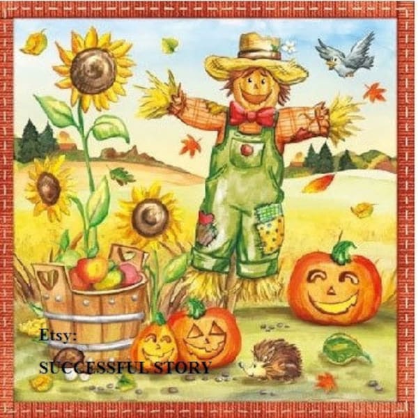 4 Napkins 2 Different Motifs, Paper Napkin For Decoupage SCARECROW Napkins Kitten Napkins Pumpkin Serviette Raven Napkins Autumn Motifs Fall