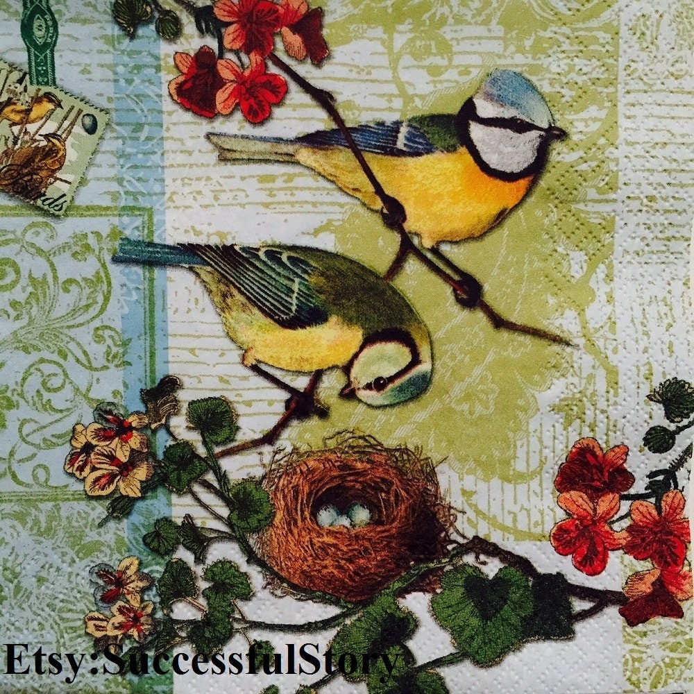 5 BIRDS Decoupage Napkins Birds On The Branch Nest Eggs Paper Etsy
