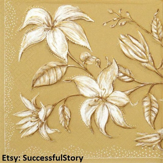 5 Golden Floral Paper Napkins For Decoupage Vintage Floral Etsy