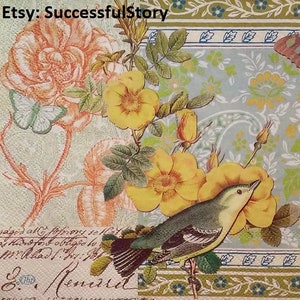 6 Servietten 2 Verschiedene Motive, Shabby Chic, Decoupage-Servietten, Gelbe Blumen-Papierservietten, Schmetterlinge, Vogel, Vintage Papierservietten