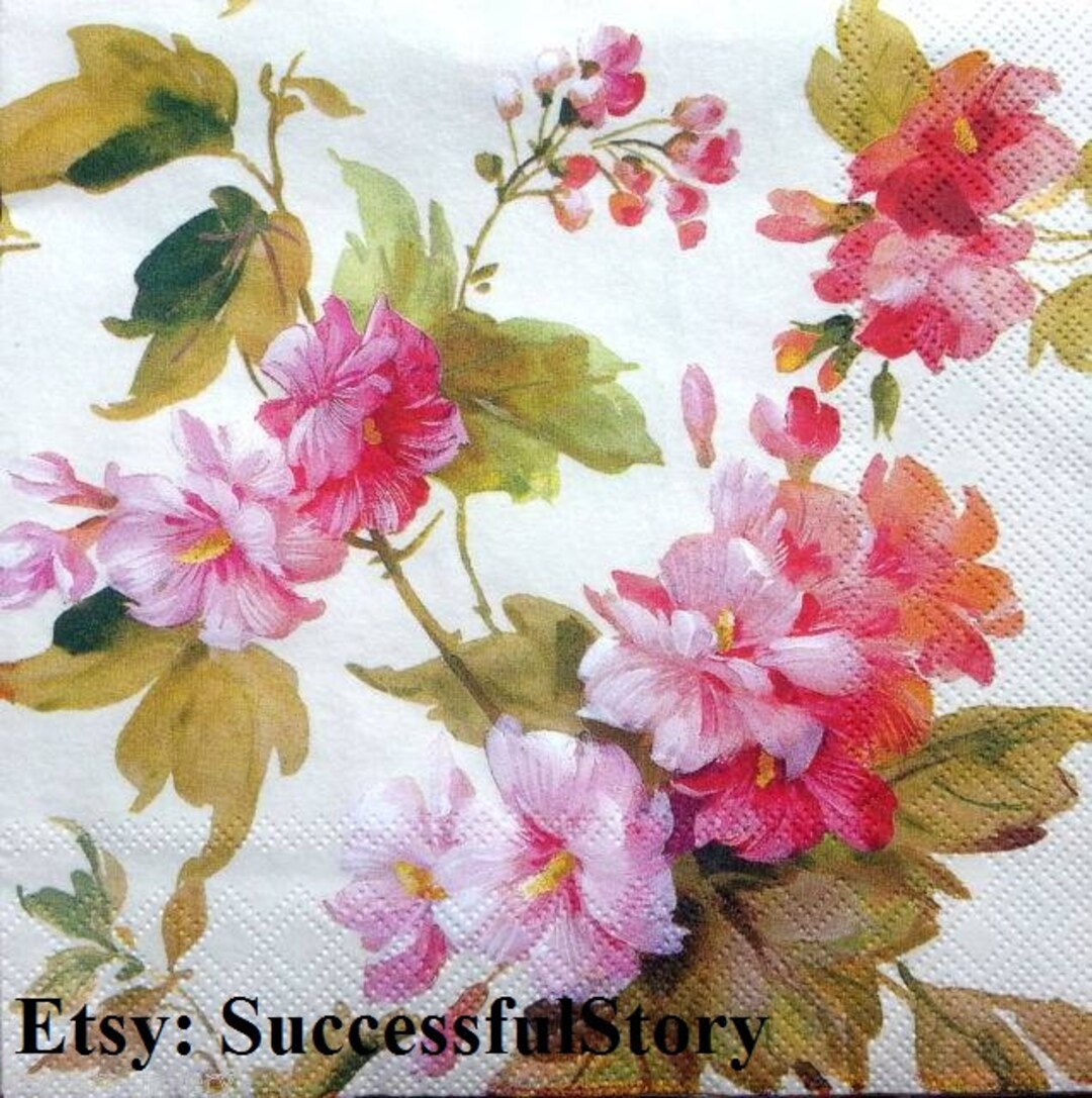 5 Pink Floral Paper Napkins for Decoupage Paper Serviette Floral Design