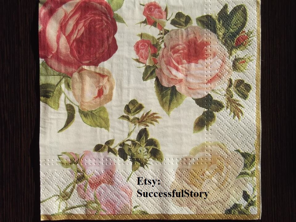 5 Vintage Napkins With Roses Decoupage Napkins Burgundy Roses Etsy