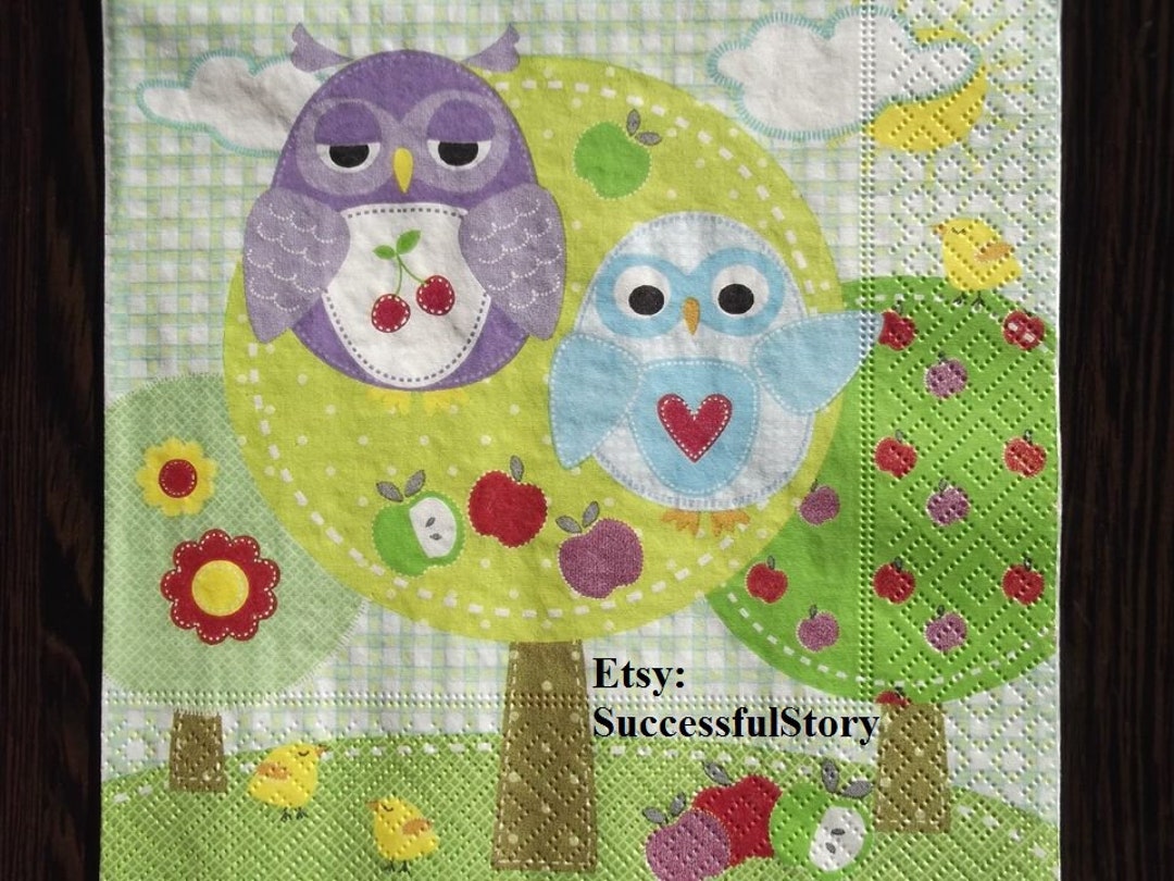 5 Owls Paper Napkins for Decoupage Paper Serviette Colorful Birds Paper