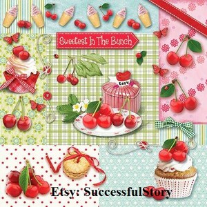 5 DECOUPAGE SERVIETTEN, KIRSCHEN, Papierservietten für Decoupage, Food Print, Papierservietten, Rot Grün, Dekorative Servietten, Obst, Seidenpapier