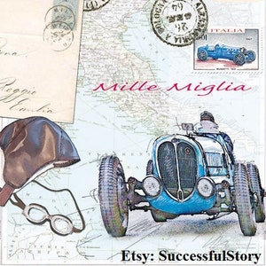 5 ITALY, Papierservietten Für Decoupage, MILLE MIGLIA, Oldtimer, Decoupage-Servietten, Italien Postkarte, Papierserviette, Vintage Auto, Retro Serviette