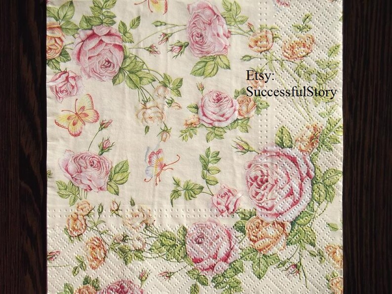 4 Roses Decoupage Paper Napkins Pink Blossom Roses On The Beige Paper Napkins For Decoupage Paper Rose Gold Paper Serviette Floral Napkins