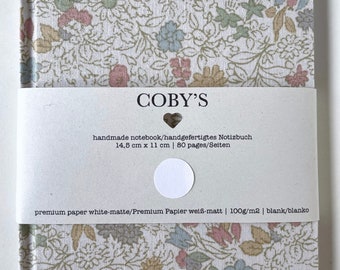 Handgemachtes Notizbuch mit Cover aus floralem Stoff, 14,5cm x 11cm, 80 Seiten, blanko-matt Premium Papier