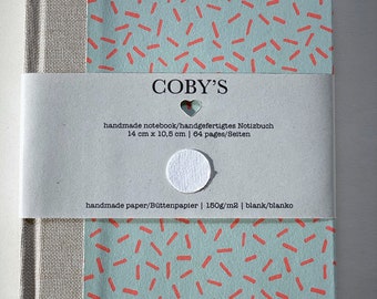 Handgemachtes Aquarell-Buch mit Cover aus Stoff und Motivpapier Türkis-Rosa, 14 cm x 10,5 cm, 64 Seiten, blanko Büttenpapier