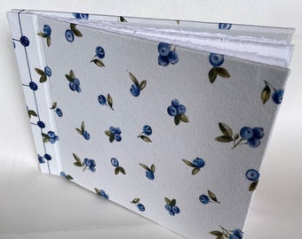 Handmade watercolor book with jersey cover with white and blue berry motif, 21.5 cm x 15.5 cm, 20 pages, blank handmade paper