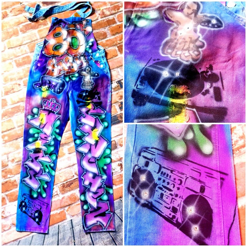 ON SALE! Airbrushed (Best dressed winner) Hip-Hop Overalls  80s 90s 2Ks Graffiti style (blk lgt glow) Womens Fit: True to size (Xs thru XXL) 