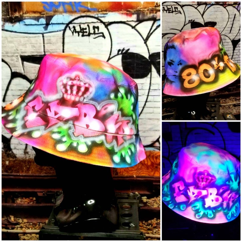 ON SALE! (WAS 68) Airbrushed Bucket Hat, Urban Graffiti Hip-Hop styled 80s, 90s, 2Ks. (Black light glow) 