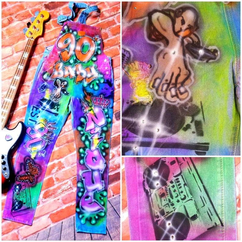 ON SALE! Airbrushed (Best dressed winner) Hip-Hop Overalls  80s 90s 2Ks Graffiti style (blk lgt glow) Womens Fit: True to size (Xs thru XXL) 