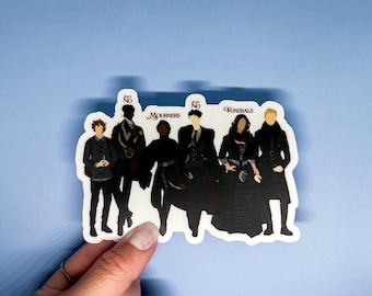 May include: A sticker featuring a group of seven black silhouettes of people in various poses. The sticker has the words "Mourners", "Funerals", and "No" written on it.