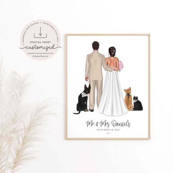 Custom Bride and Groom Gift | Wedding Day Dog Family Print | Dog Print | Wedding Print | Wedding Gift | Personalized Art Print | Mr. & Mrs.