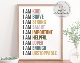 Positive Affirmations for Kids, Classroom Art, Motivational Poster, Positive Classroom Decor, Playroom, Homeschool, Affirmation, Self-Esteem