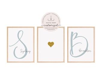 Personalized couple initial name monogram printable set of 3 couple master bedroom wall art above bed decor custom wedding anniversary gift