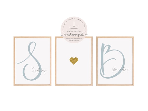 Personalized couple initial name monogram printable set of 3 couple master bedroom wall art above bed decor custom wedding anniversary gift