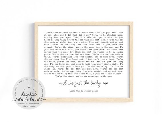 Lucky One by Justin Adams Song Lyrics Quote Print | Romantic Love Quote Wall Art | Home Decor House | Wedding Gift | Digital Download