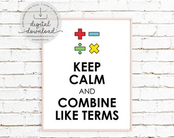 Blijf kalm en combineer zoals termen Math Print, Fun Math Poster, Fun Math Classroom Decor voor middelbare school en middelbare schoolleraren