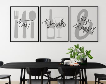 Set of 3 Kitchen Prints | Eat Drink and Be Happy | Kitchen Decor | Printable Wall Art | Housewarming Gift | Kitchen Sign | Kitchen Gift