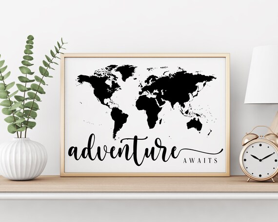 Adventure Awaits World Map Print | Digital Download | Travel Print | Travel Lover Gift | Gift Idea | Printable Home Decor | Office Decor