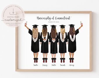 May include: A framed print depicting five graduates in black gowns and mortarboards, holding diplomas. The text "University of Connecticut CLASS OF 2022" is above the figures. The print includes the text "DIGITAL PRINT customized".