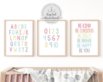 Set van 3 kinderprints | Kinderkamer Kunst aan de Muur | Speelkamer Decor | Kinderkamer Decor | Kinderprints | Alfabet | Nummers | Educatieve prints