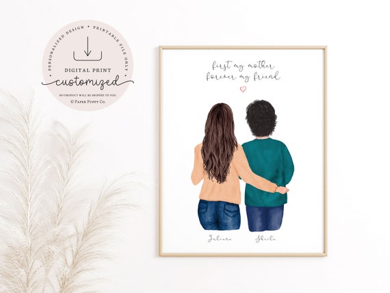 Custom Mother Daughter Portrait Personalized Christmas Gift For Her For Mom Family Illustration BFF Best Friend Soul Sister Art Print