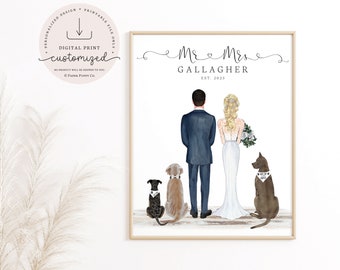 Custom Bride and Groom Gift | Wedding Day Dog Family Print | Dog Print | Wedding Print | Wedding Gift | Personalized Art Print | Mr. & Mrs.