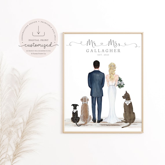 Custom Bride and Groom Gift | Wedding Day Dog Family Print | Dog Print | Wedding Print | Wedding Gift | Personalized Art Print | Mr. & Mrs.