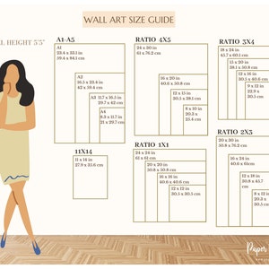 May include: Wall art size guide with dimensions in inches and centimeters. Includes ratios 4x5, 3x4, 2x3, and 1x1, plus A1-A5 and 11x14 sizes. A stylized illustration of a person is next to the size chart. The text "Paper Puppy Co." is at the bottom.